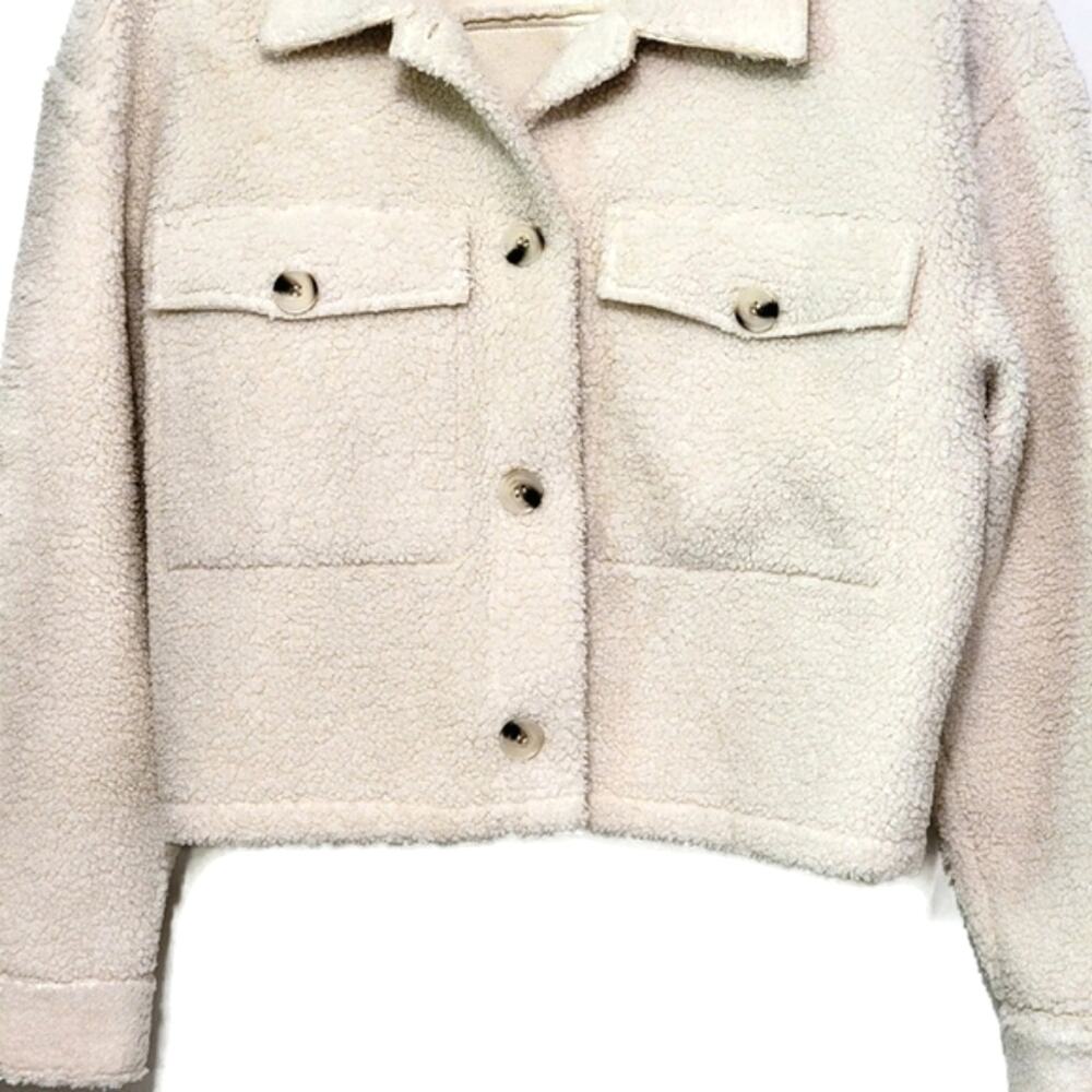 Elodie Sherpa Teddy Button-Down Crop Coat Jacket Ivory Cream Chic Cozy L - Picture 4 of 11